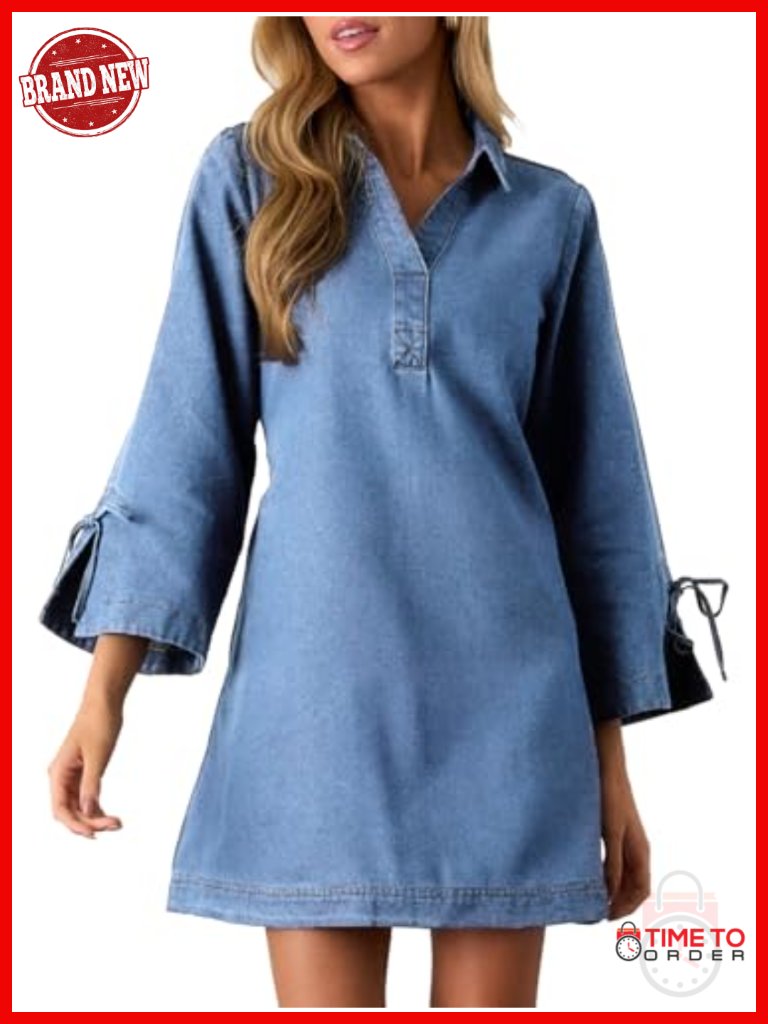 Denim Shirt Dress Collared V Neck Bell Long Sleeve Mini Casual A-Line With Bow